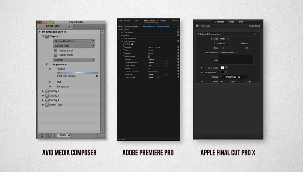 Timecode filters and effects in Avid, Premiere, and FCP X